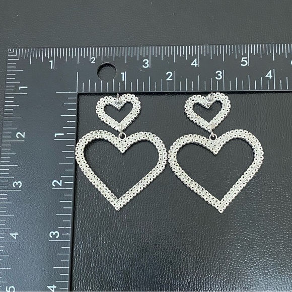 Unsigned Silver-tone Open Heart Pave Clear Rhinestones Hearts Drop Earrings 12g. - Picture 7 of 12